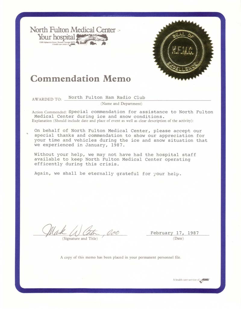 NOrth Fulton Medical Center Commendation Memo